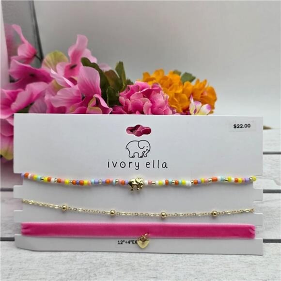 ivory ella Jewelry - Pink Velvet And Heishi Bead 3 Necklace Set Ball Chain Ivory Ella Summer 16"